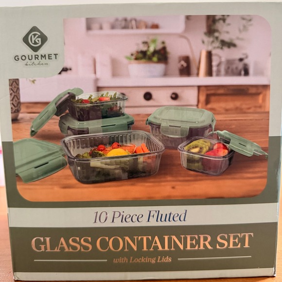 Gourmet Kitchen 10 Piece Fluted Green Glass Container Set w/ Locking Lids NEW - Picture 3 of 15